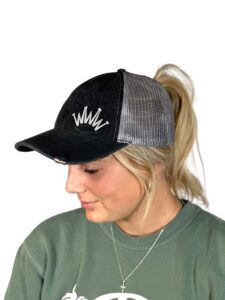 distressed gray hat with high pony tail
