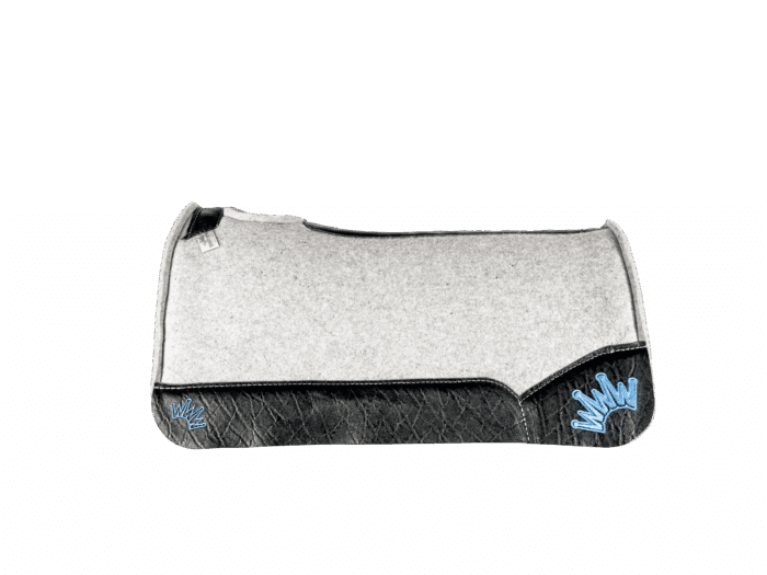 The Kush Gray Saddle Pad with Black Elephant Leather and a Turquoise Embroidered Crown