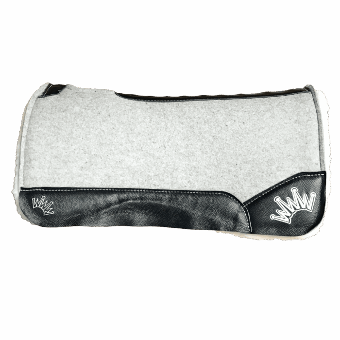 The Kush Gray Saddle Pad with Black Leather and a White Embroidered Crown