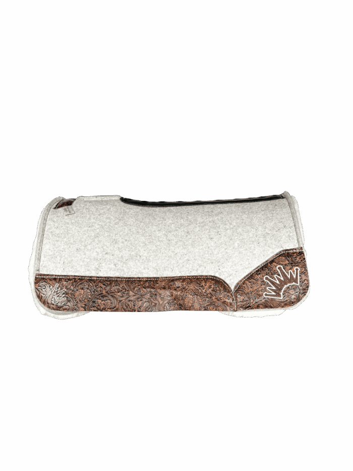 The Kush Gray Saddle Pad with Indios Floral Leather and a White & Dark Brown Embroidered Crown The Kush Gray Saddle Pad with Indios Floral Leather and a White & Dark Brown Embroidered Crown