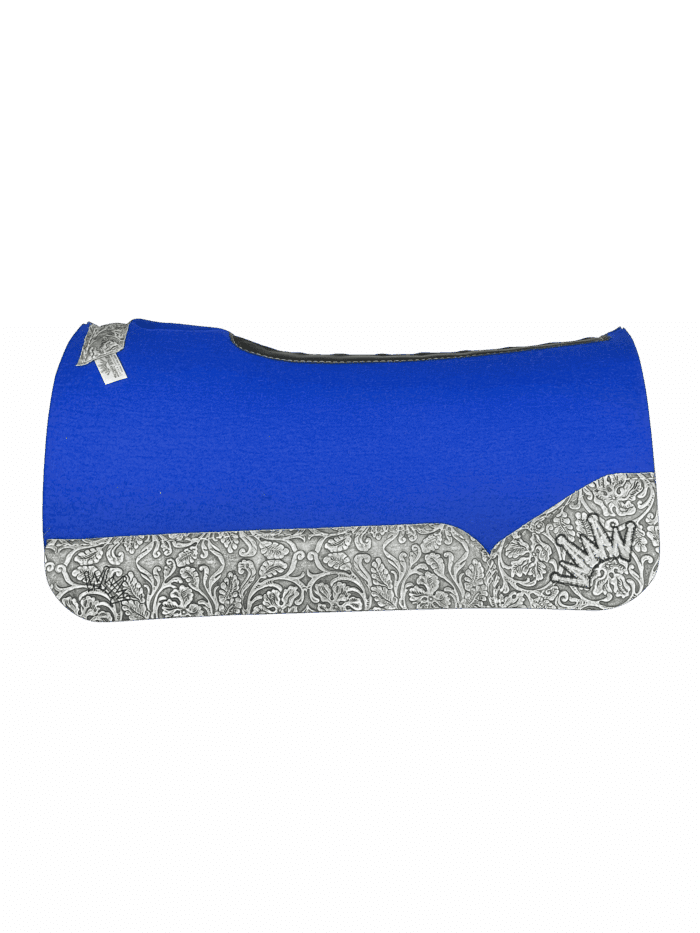 The Kush Blue Saddle Pad with Silver Gray Floral Leather and a Black & Silver Embroidered Crown The Kush Blue Saddle Pad with Silver Gray Floral Leather and a Black & Silver Embroidered Crown