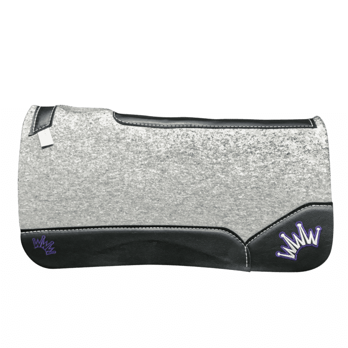 The Kush Gray Saddle Pad with Black Leather and a Purple & White Embroidered Crown