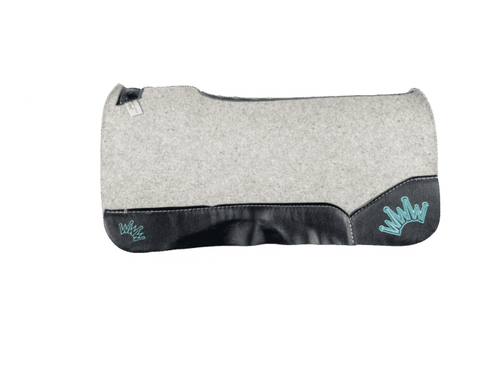 The Kush Gray Saddle Pad with Black Leather and a Teal Embroidered Crown