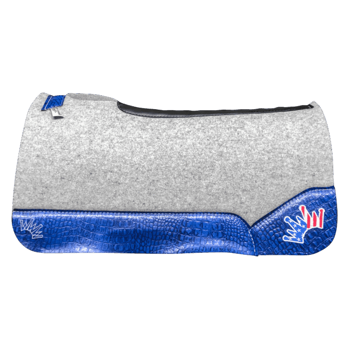 The Kush Gray Saddle Pad with Blue Crocodile Leather and a USA Embroidered Crown The Kush Gray Saddle Pad with Blue Crocodile Leather and a USA Embroidered Crown