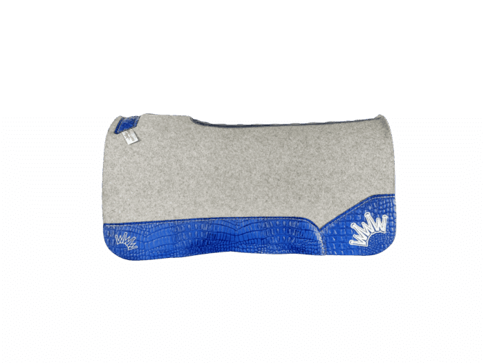 The Kush Gray Saddle Pad with Blue Crocodile Leather and a White Embroidered Crown