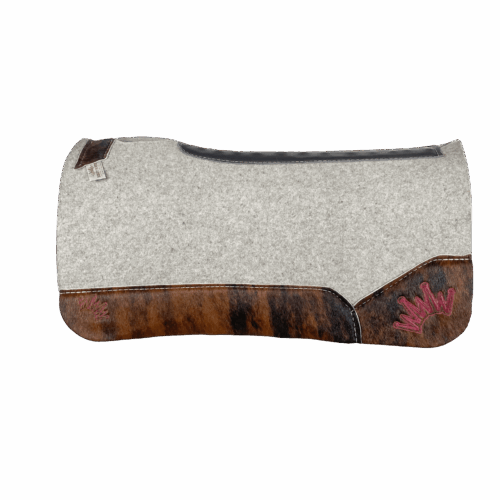 The Kush Gray Saddle Pad with Brindle Cowhide Leather and a Burgundy Embroidered Crown