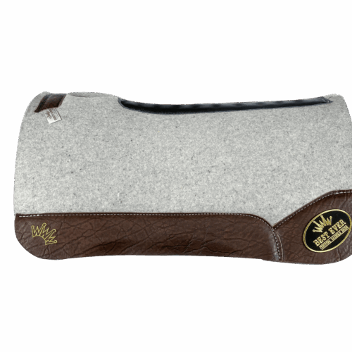The Kush Gray Saddle Pad with Chocolate Elephant Leather and a Gold Best Ever Logo Patch