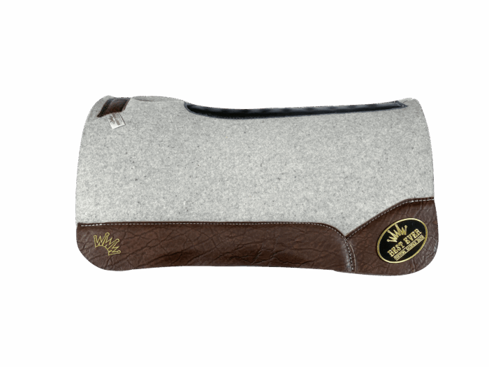 The Kush Gray Saddle Pad with Chocolate Elephant Leather and a Gold Best Ever Logo Patch