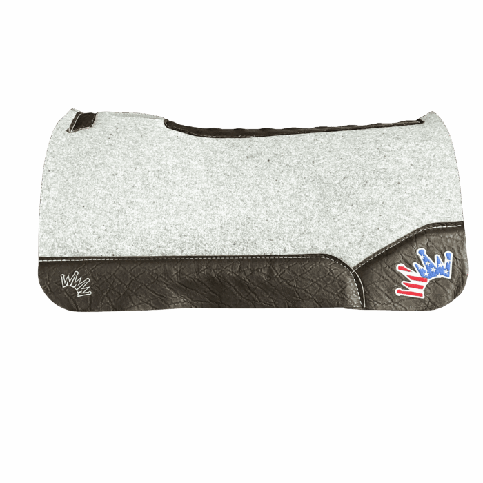 The Kush Gray Saddle Pad with Chocolate Elephant Leather and a USA Embroidered Crown