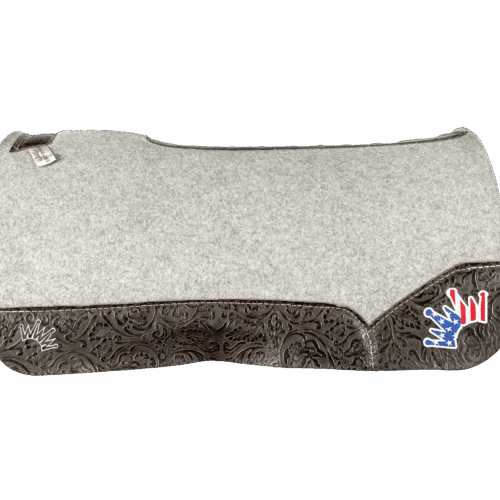 The Kush Gray Saddle Pad with Chocolate Floral Leather and a USA Embroidered Crown
