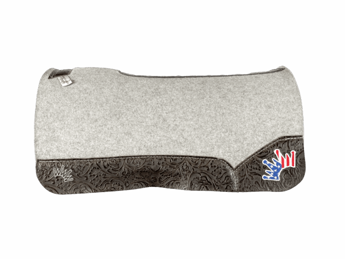 The Kush Gray Saddle Pad with Chocolate Floral Leather and a USA Embroidered Crown