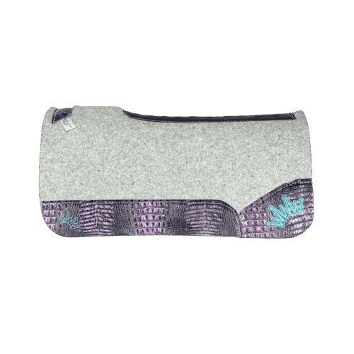 The Kush Gray Saddle Pad with Deep Purple Crocodile Leather and a Turquoise Embroidered Crown
