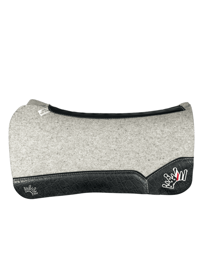 The Kush Gray Saddle Pad with Black Elephant Leather and a Thin Red Line Crown Embroidery