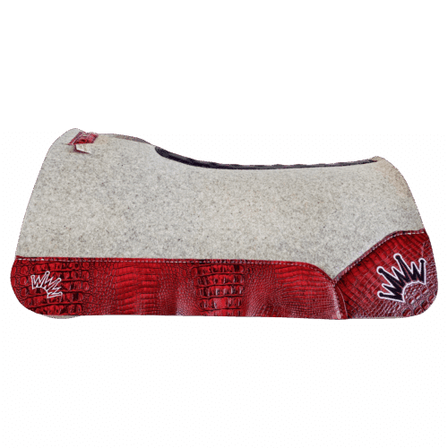 The Kush Gray Saddle Pad with Red Crocodile Leather and a White & Black Embroidered Crown