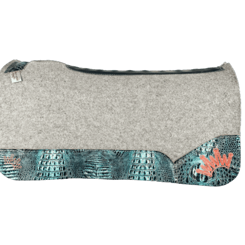 The Kush Gray Saddle Pad with Sea Turquoise Crocodile Leather and Coral Embroidered Crown
