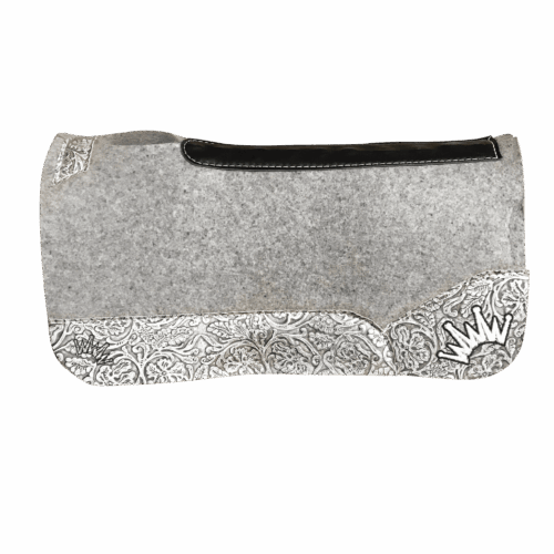 The Kush Gray Saddle Pad with Silver Gray Floral Leather and a Black & White Embroidered Crown