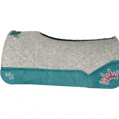 The Kush Gray Saddle Pad with Turquoise Elephant Leather and a White & Burgundy Embroidered Crown