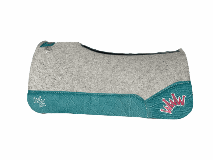 The Kush Gray Saddle Pad with Turquoise Elephant Leather and a White & Burgundy Embroidered Crown