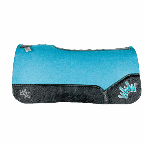 The Kush Turquoise Saddle Pad with Black Elephant Leather and a White & Teal Embroidered Crown