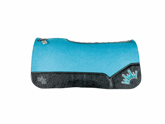 The Kush Turquoise Saddle Pad with Black Elephant Leather and a White & Teal Embroidered Crown