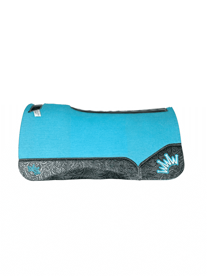 The Kush Turquoise Saddle Pad with Black Floral leather and a Turquoise & Light Turquoise Embroidered Crown