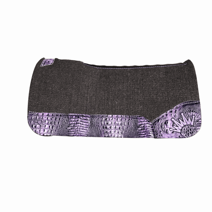 The OG Dark Grey Saddle Pad with Deep Purple Crocodile Reptile Leather and a Black & Violet Embroidered Crown