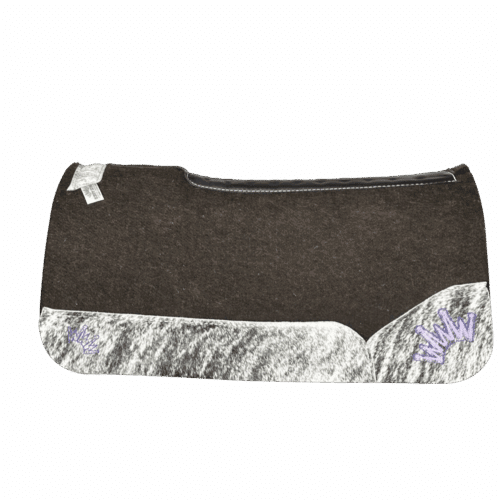 The OG Dark Grey Saddle Pad with Gray Brindle Cowhide Leather and a Purple & Violet Embroidered Crown