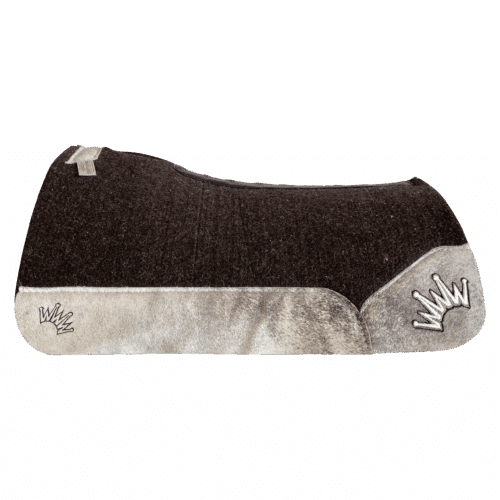 The OG Dark Grey Saddle Pad with Gray Brindle Cowhide Leather and a Black & White Embroidered Crown