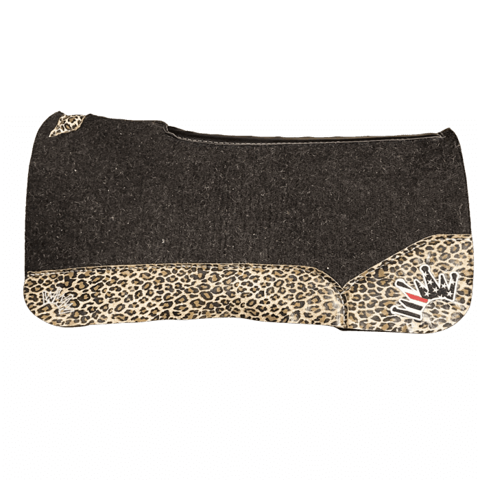 The OG Dark Grey Saddle Pad with Leopard Western Leather and a Thin Red Line Embroidered Crown