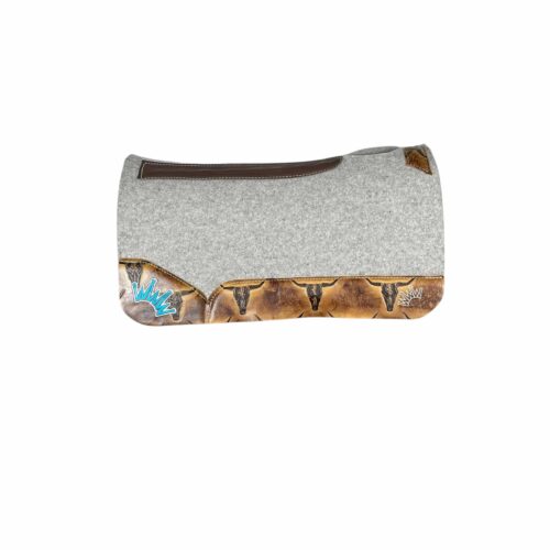 Gray Kush Saddle Pad with Longhorn Sepia - Crown in White/Turquoise Embroidery (#124536)