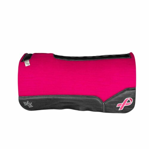 Pink Kush Saddle Pad with Black Leather - Breast Cancer Ribbon in White/Hot Pink Embroidery